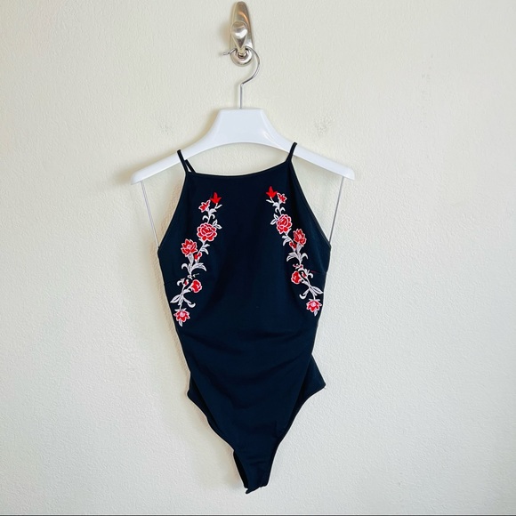 Forever 21 Black Embroidered Red Roses Criss Cross Back Bodysuit - Picture 1 of 12